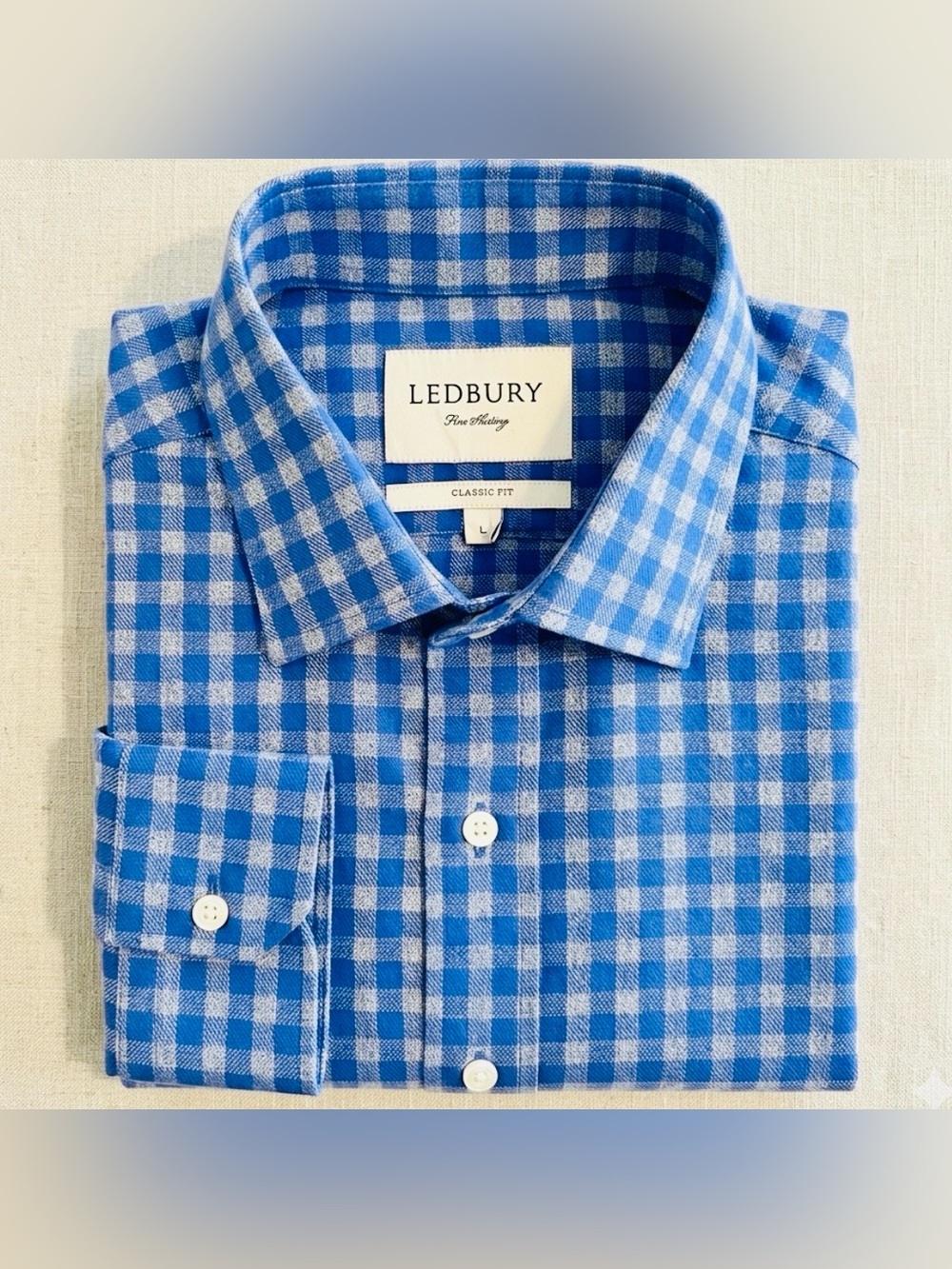 Ledbury Dress Shirt Men L Classic Fit Blue Gingham Spread Collar